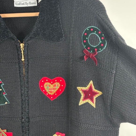 VTG 90s Croft & Barrow Embroidered Christmas Cardigan L Hand Knit Bead Bell Ugly - Picture 6 of 10